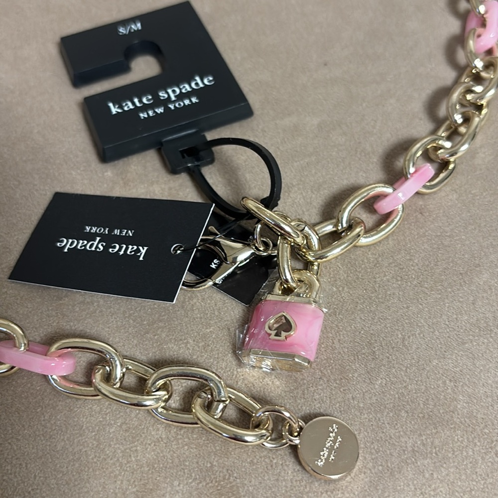 Kate Spade Light Gold & Pink Metal Chain link Belt with lock charm size Small/M - Picture 2 of 8